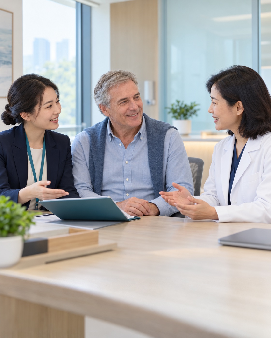 AI-generated care scene; not a photograph of actual staff or patients. Illustrative scene of a coordinator accompanying an international patient during a warm, welcoming medical consultation
